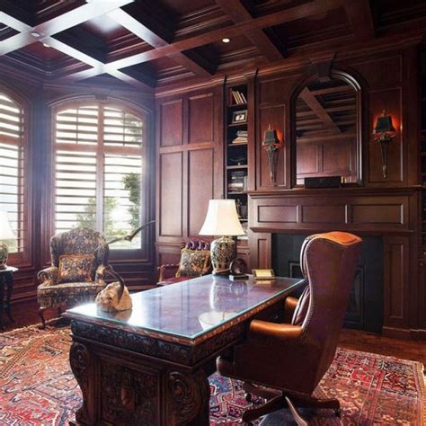 Home office with mahogany wood walls and matching coffered ceiling. | Modern office interiors ...