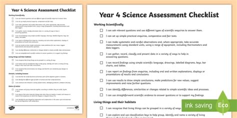 2014 National Curriculum Year 4 Science Assessment Individual Checklist