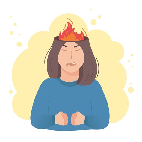 Inside woman head concept. Angry aggressive girl, fire and flame in place of brain. Negative ...