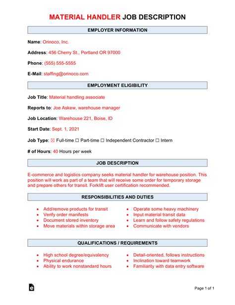 Free Material Handler Job Description Template | Sample - Word | PDF – eForms