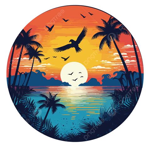 Beach Landscape With Sunrise Bird And Palm Tree Retro Illustration ...