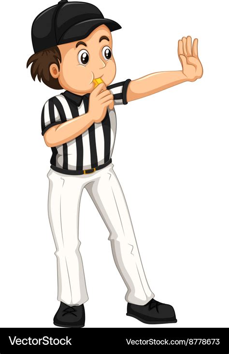 Umpire in striped uniform blowing whistle Vector Image