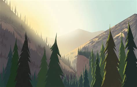 Wallpaper Mountains, Dawn, Landscape, Art, Sunrise, Tree, Trees, Cartoon, Environment, by Andrey ...