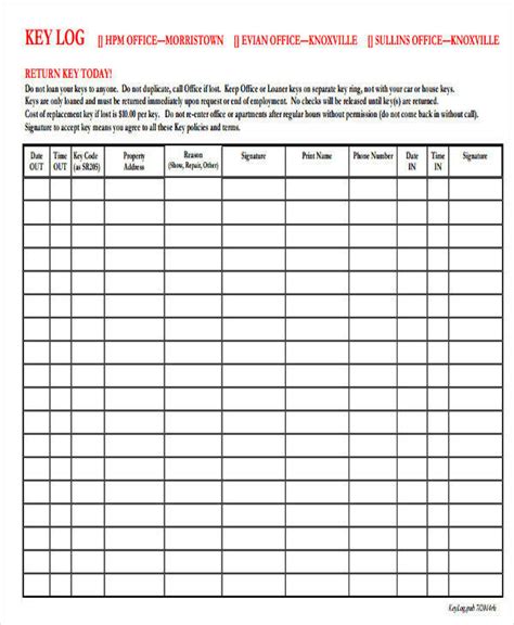 Printable Key Log Template