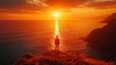 A Person Standing on a Cliff Overlooking the Ocean at Sunset, AI Stock ...