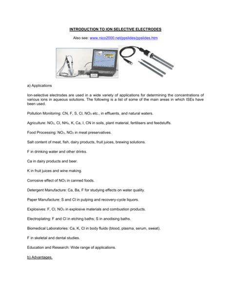 INTRODUCTION TO ION SELECTIVE ELECTRODES Also see