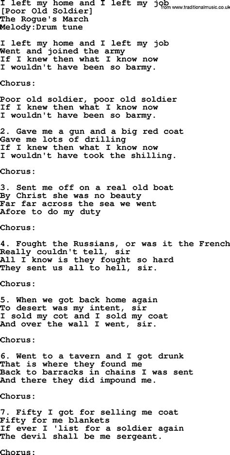 Old English Song Lyrics for I Left My Home And I Left My Job, with PDF