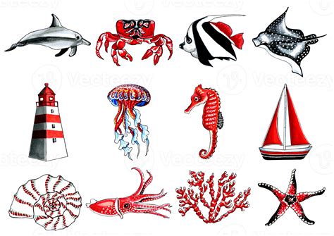 Marine set red-black color with crab, fish, stingray, dolphin, seahorse ...