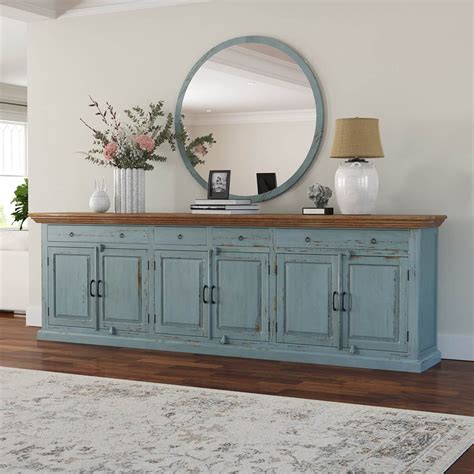 Conway Blue Two Tone Solid Wood 4 Drawer Extra Long Sideboard Buffet