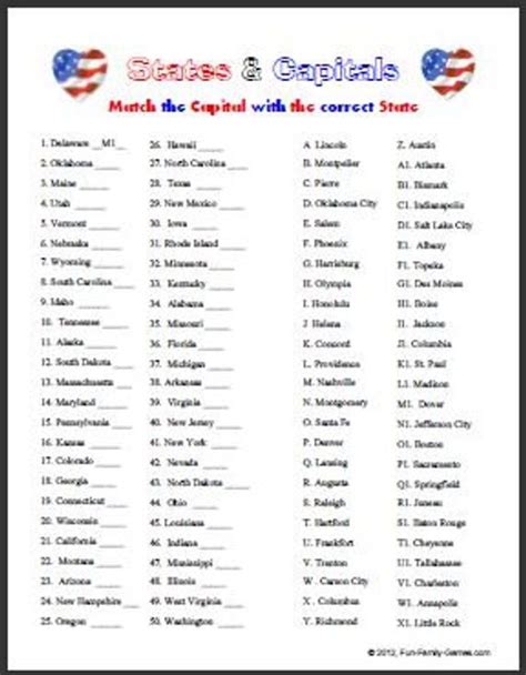 Printable List Of 50 States And Capitals