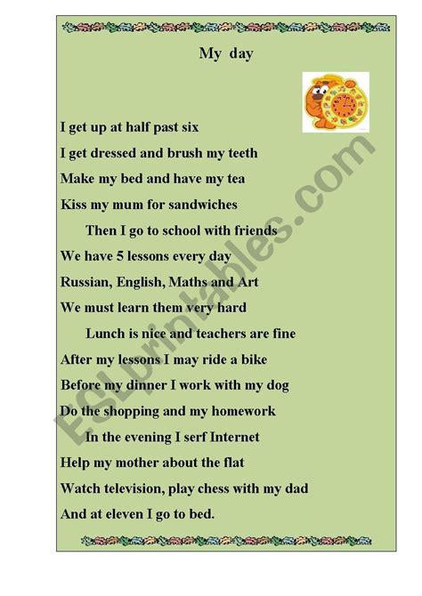 English poem " MY DAY" - ESL worksheet by Olmi5