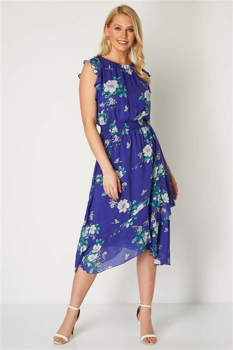 Floral Ruffle Midi Dress in Royal Blue - Roman Originals UK