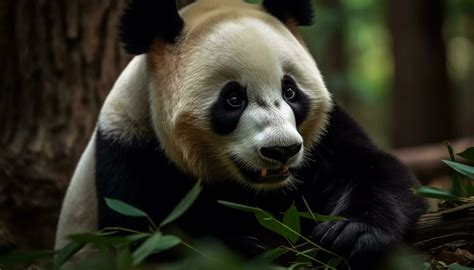 Cute panda sitting on a tree branch, eating bamboo peacefully generated ...