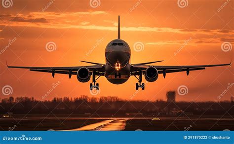 Plane Flying Towards the Sunset Stock Illustration - Illustration of ...