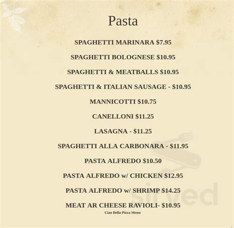 Ciao Bella Pizza/ Bella Blue Bar menu in Niceville, Florida, USA