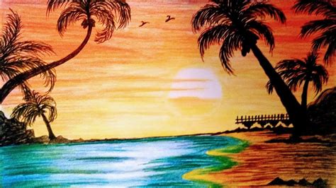 How to draw sunset beach landscape drawing with color pencils//step by s... | Landscape drawings ...