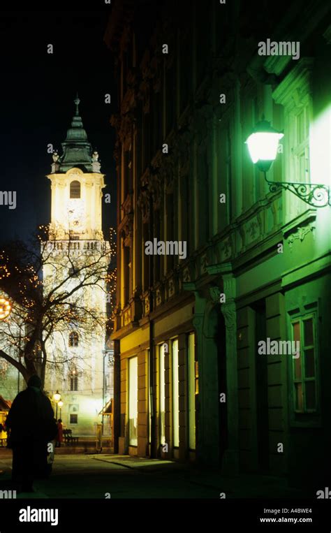 Bratislava, Slovakia. Buildings of the old town at night; the tower of ...