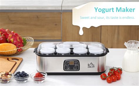 HOMCOM Yoghurt Maker with 8 180ml Glass Jars, Stainless Steel Yogurt ...