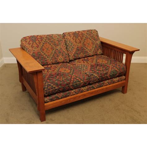 Bassett Mission Style Oak Spindle Loveseat | Chairish