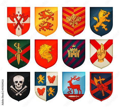 Collection of medieval shields and coat arms. Kingdom, empire, castle ...