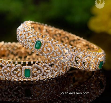 Diamond and emerald broad bangles - Indian Jewellery Designs