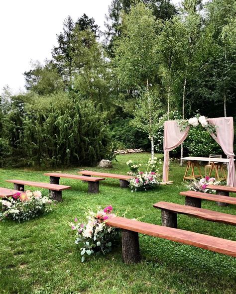 Rustic Outdoor Wedding Ceremony with Wooden Benches