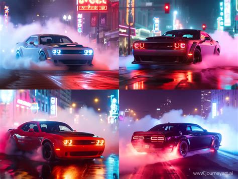 Dodge Challenger SRT Demon Night Burnout in Neon Cityscape | Midjourney Prompt