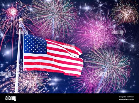 American Celebration - USA Flag And Fireworks A USA flag on flagpole with fireworks, stars and ...