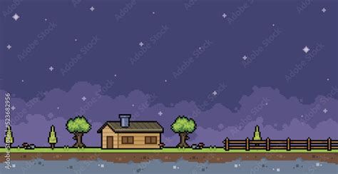 Pixel art farm landscape at night with house, fence and tree 8 bit game ...