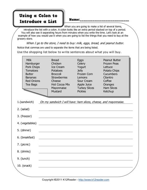 Using a Colon to Introduce a List Worksheet for 2nd - 4th Grade ...