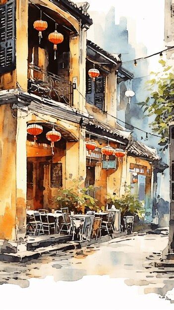 Premium AI Image | painting of a street scene with a cafe and tables ...