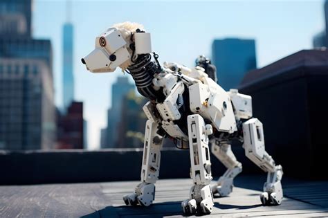 Premium AI Image | Pet robot white dog cyborg on the city background