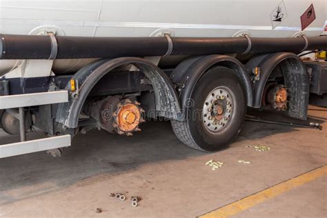 Truck in a tire workshop stock photo. Image of wheel - 213904974