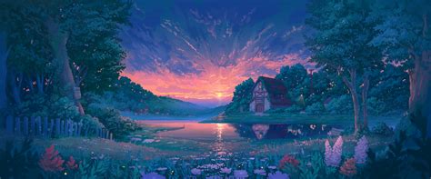 Wallpaper : anime, landscape, village, forest, sunset, sky, clouds 2586x1080 - moepeni - 1779161 ...