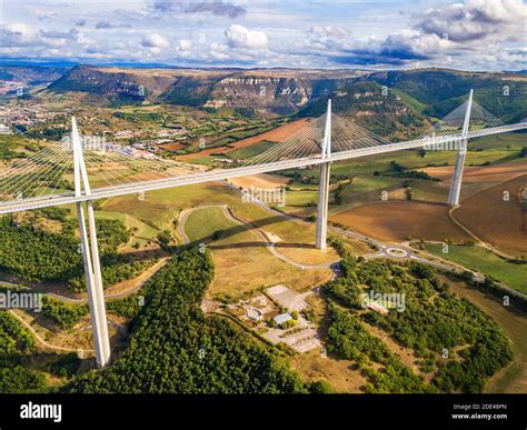 Aerial view Millau viaduct by architect Norman Foster, between Causse du Larzac and Causse de ...