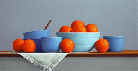 a painting of oranges in blue bowls on a table