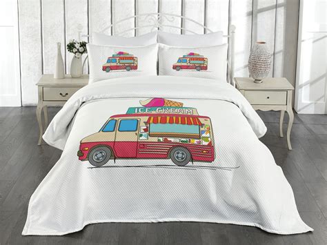 Truck Bedspread Set King Size, Ice Cream Truck Colorful Illustration ...