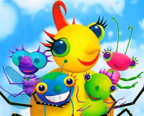 a group of colorful bugs standing next to each other on top of a blue sky