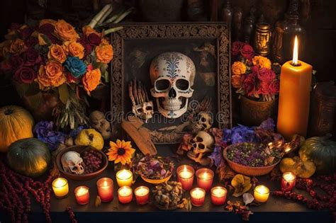 Day of the Dead Altar, Adorned with Candles, Flowers and Offerings for ...