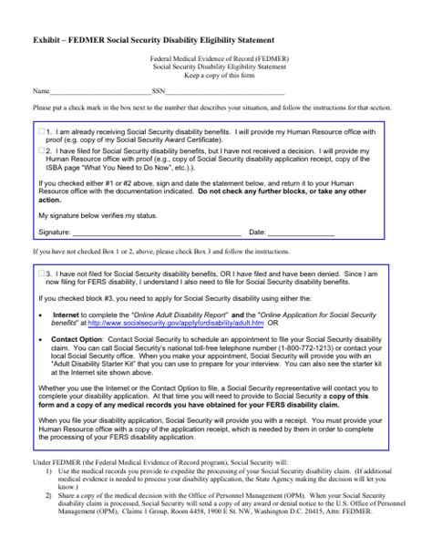 Exhibit - Fedmer Social Security Disability Eligibility Statement - Fill Out, Sign Online and ...