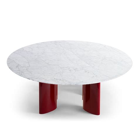 Carlotta round coffee table, white marble top and burgundy legs
