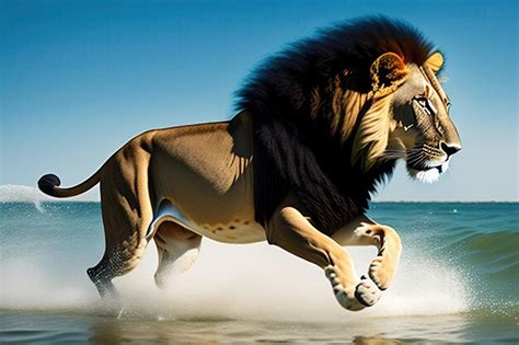 Premium AI Image | Lion jumping out of the water Lion hunts from the water