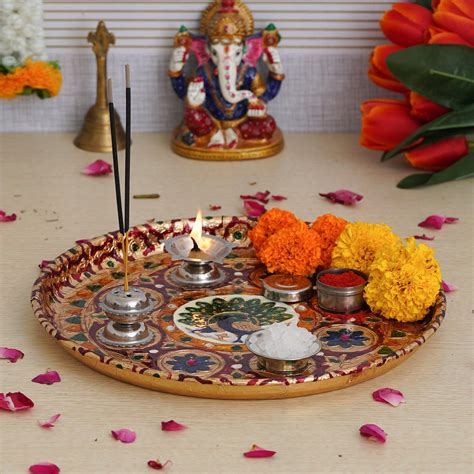 JaipurCrafts Premium Gold Meenakari Pooja thali Set with 3 Roli Chawal