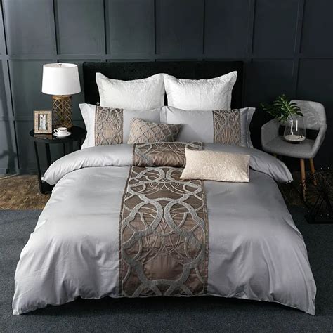 4/7Pcs Silver Grey luxury Egyptian cotton bedding set queen king bed set Chinese embroidery ...