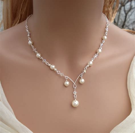Sterling silver Bridal Pearl And Crystal Necklace,Bridesmaid Necklace, Bridal Jewelry, Pearl ...