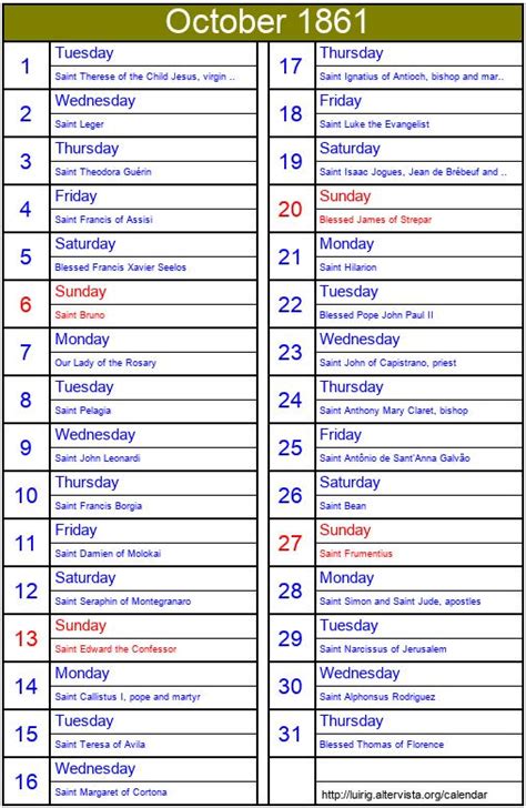 October 1861 - Roman Catholic Saints Calendar