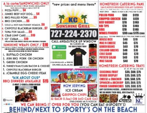 Menu at KC Sunshine Grill BBQ, North Redington Beach