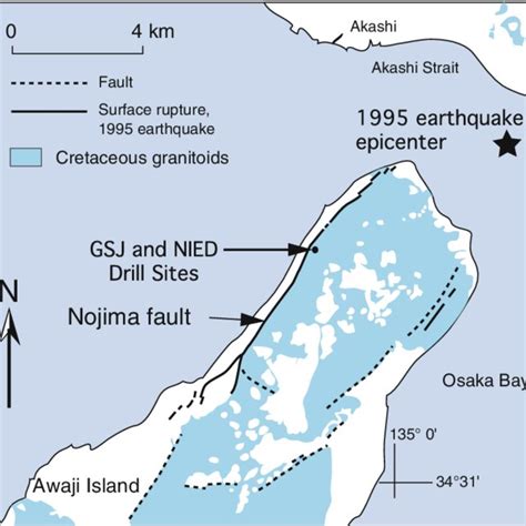 Map detailing 1995 Kobe earthquake epicenter (star) and surface rupture... | Download Scientific ...