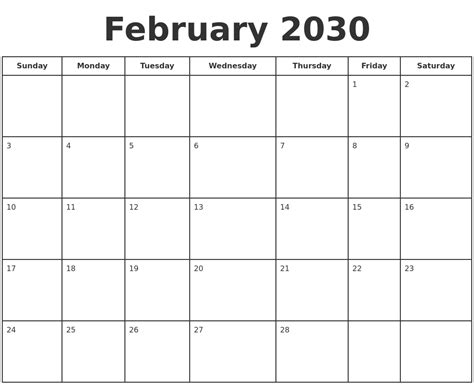 February 2030 Print A Calendar