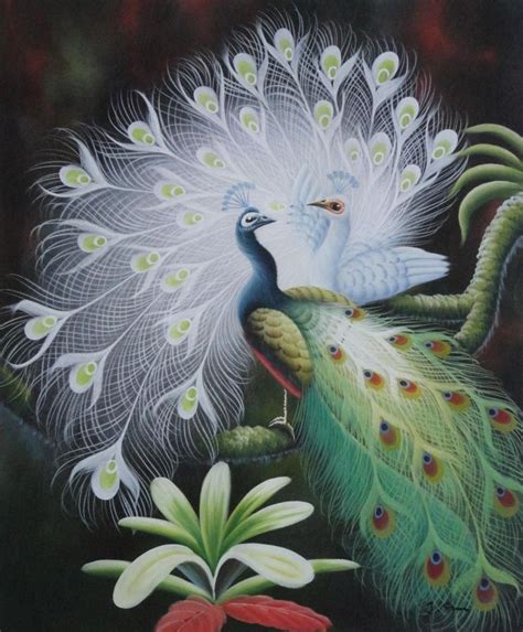 White Peacock Show Feathers to Green Peacock Oil Painting Animal ...